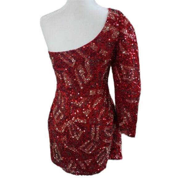 Scala red gold sequined mini body con dress one shoulder cocktail formal size 8 - Picture 4 of 12